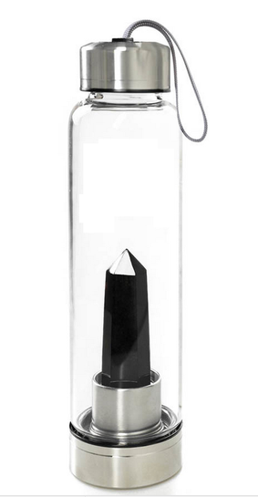 Skleněná láhev na vodu s krystalem Obsidián