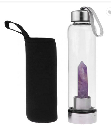 Skleněná láhev na vodu s přírodním krystalem Ametyst